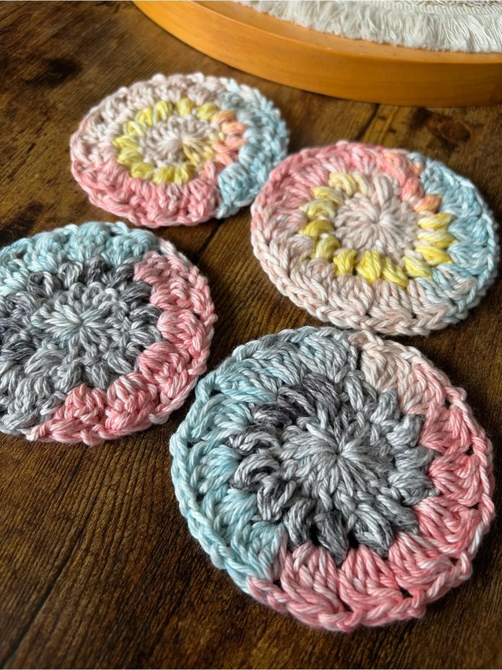 Hand Crafted Pastel Crochet Round Coasters in Pink, Blue, Gray, Cream